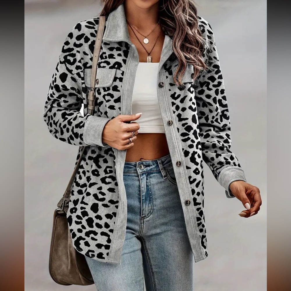 Animal Print Ribbed Button Down Shaket